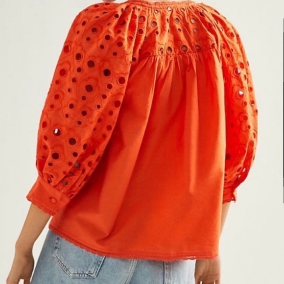 Anthropologie Chatal Eyelet Embellished Button Down Orange Bohemian Blouse Sz XS - Picture 3 of 11